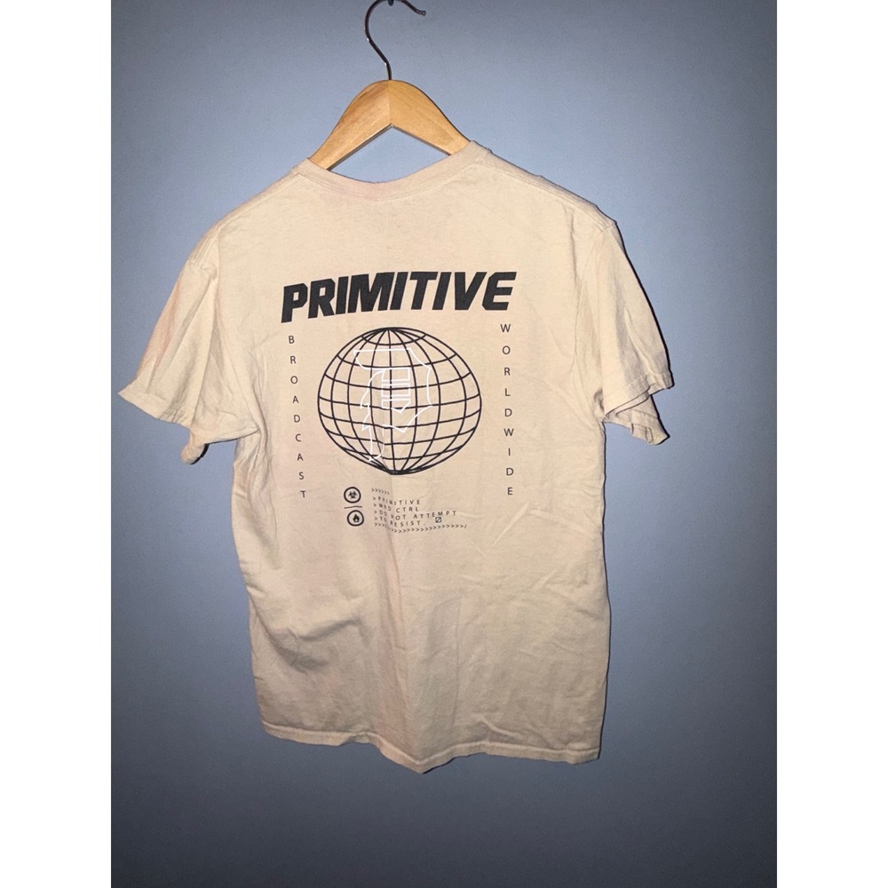 Primitive Skateboarding‎ T Shirt Mens Medium Tan Globe Broadcast Worldwide
